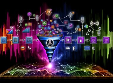 Stilisierter, moderner Schaltplan eines digitalen Marketing-Funnels mit leuchtendem Podbean-Logo und verschiedenen technischen Icons, auf energetischem, minimalistischem Hintergrund mit Podcast-Elementen.