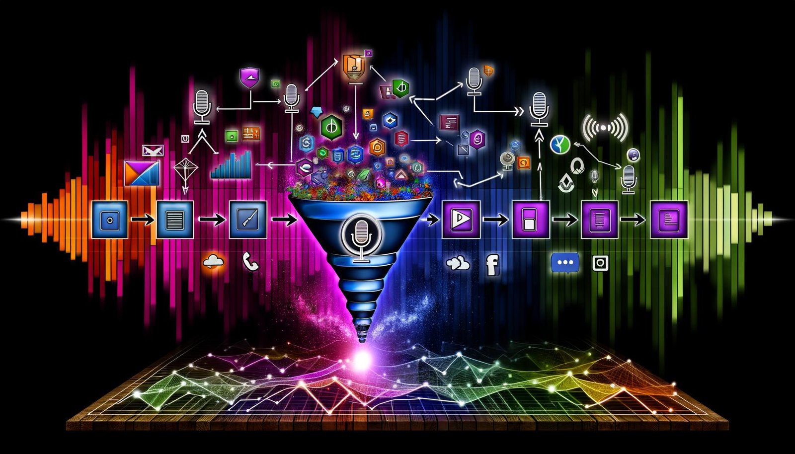 Stilisierter, moderner Schaltplan eines digitalen Marketing-Funnels mit leuchtendem Podbean-Logo und verschiedenen technischen Icons, auf energetischem, minimalistischem Hintergrund mit Podcast-Elementen.