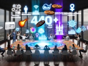 Offenes, modernes Büro mit Marketers und Data Scientists, die an einem digitalen Holztisch holografische Dashboards analysieren. Im Hintergrund Datenwellen und Datenschutz-Symbole wie zerfallender Cookie und Schloss. 404-Magazin-Logo sichtbar.