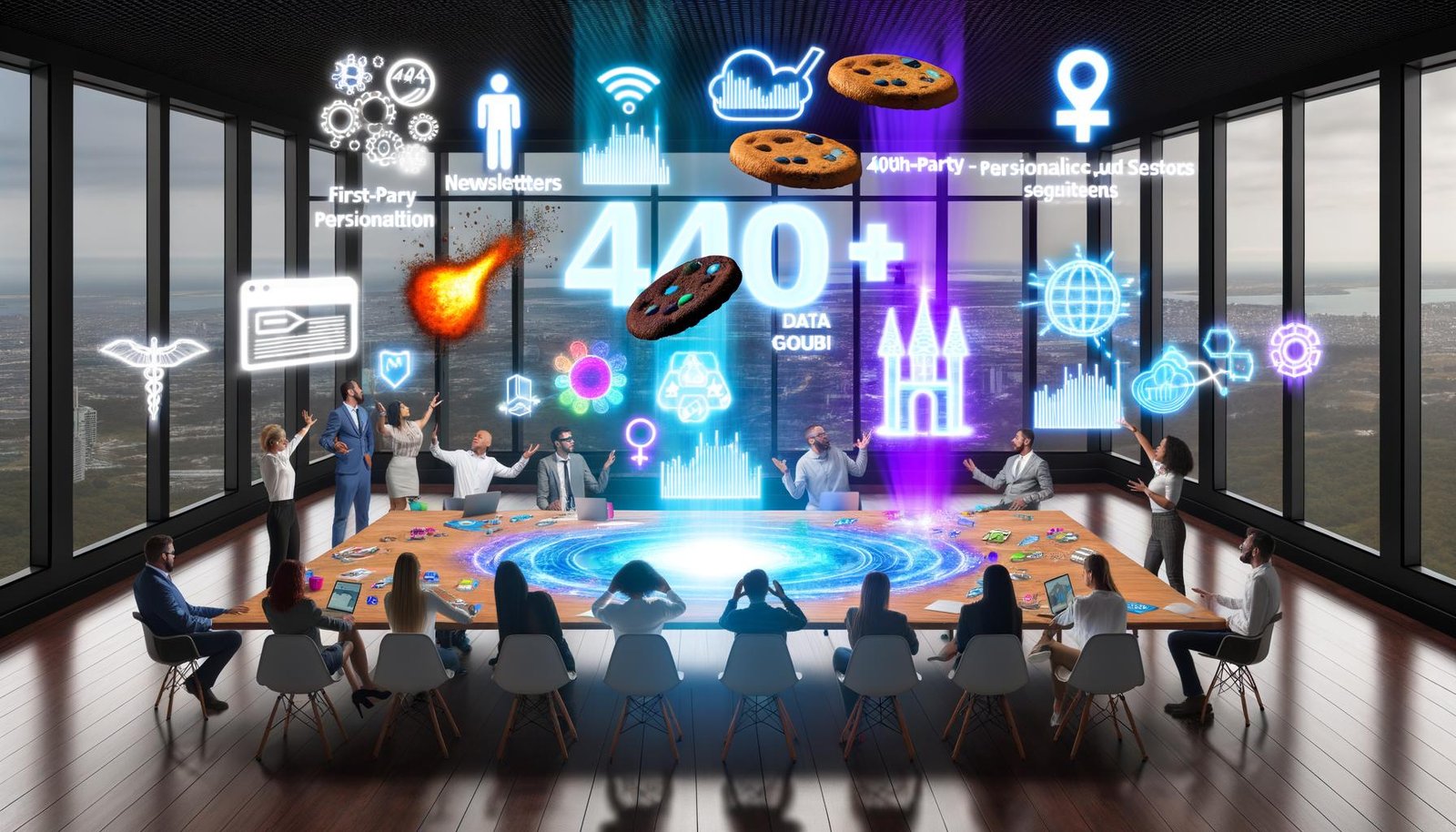 Offenes, modernes Büro mit Marketers und Data Scientists, die an einem digitalen Holztisch holografische Dashboards analysieren. Im Hintergrund Datenwellen und Datenschutz-Symbole wie zerfallender Cookie und Schloss. 404-Magazin-Logo sichtbar.