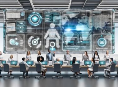 Futuristisches PR-Büro mit digitalen Dashboards, KI-gestützten Workflows, Datenvisualisierung und automatisierten Prozessen. Im Hintergrund verblasste traditionelle PR-Werkzeuge wie Faxgeräte und gedruckte Pressemitteilungen.