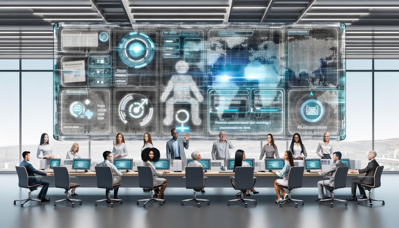 Futuristisches PR-Büro mit digitalen Dashboards, KI-gestützten Workflows, Datenvisualisierung und automatisierten Prozessen. Im Hintergrund verblasste traditionelle PR-Werkzeuge wie Faxgeräte und gedruckte Pressemitteilungen.