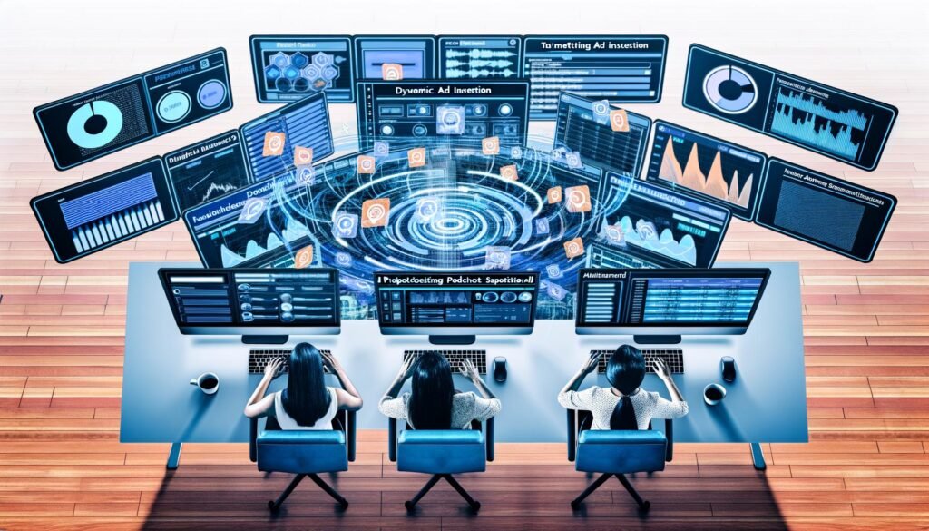 Futuristischer Arbeitsplatz mit zwei Marketern an Schreibtischen, umgeben von Monitoren mit Podcast-Marketing-Dashboards, digitalen Datenströmen und visualisierten Audio-Wellenformen.