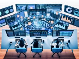 Futuristischer Arbeitsplatz mit zwei Marketern an Schreibtischen, umgeben von Monitoren mit Podcast-Marketing-Dashboards, digitalen Datenströmen und visualisierten Audio-Wellenformen.