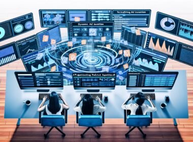 Futuristischer Arbeitsplatz mit zwei Marketern an Schreibtischen, umgeben von Monitoren mit Podcast-Marketing-Dashboards, digitalen Datenströmen und visualisierten Audio-Wellenformen.