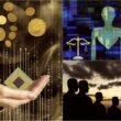 Hand hält goldenen Datenchip, umgeben von digitalen Strömen, schwarzen Rauch, Ethik-Symbole wie Waage und Herz aus Glas sowie Schattenrisse von Menschen im Hintergrund.