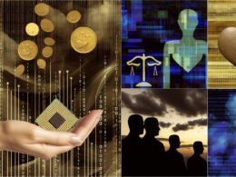 Hand hält goldenen Datenchip, umgeben von digitalen Strömen, schwarzen Rauch, Ethik-Symbole wie Waage und Herz aus Glas sowie Schattenrisse von Menschen im Hintergrund.