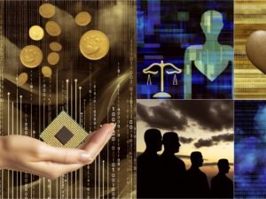 Hand hält goldenen Datenchip, umgeben von digitalen Strömen, schwarzen Rauch, Ethik-Symbole wie Waage und Herz aus Glas sowie Schattenrisse von Menschen im Hintergrund.
