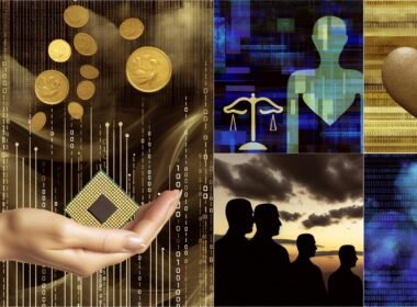 Hand hält goldenen Datenchip, umgeben von digitalen Strömen, schwarzen Rauch, Ethik-Symbole wie Waage und Herz aus Glas sowie Schattenrisse von Menschen im Hintergrund.