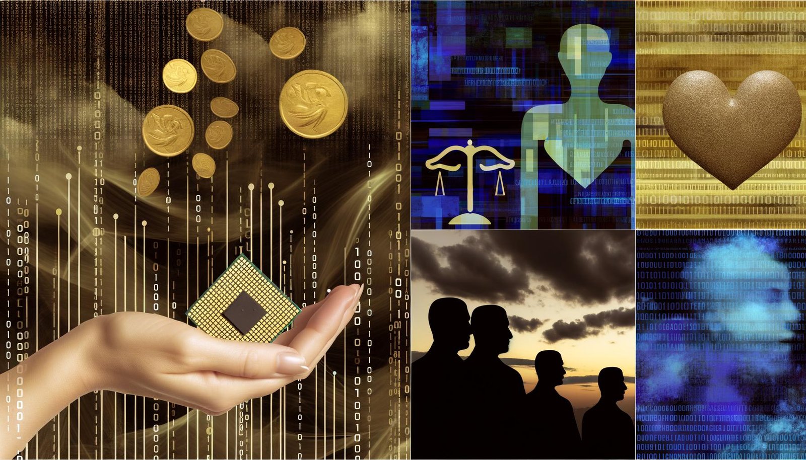 Hand hält goldenen Datenchip, umgeben von digitalen Strömen, schwarzen Rauch, Ethik-Symbole wie Waage und Herz aus Glas sowie Schattenrisse von Menschen im Hintergrund.