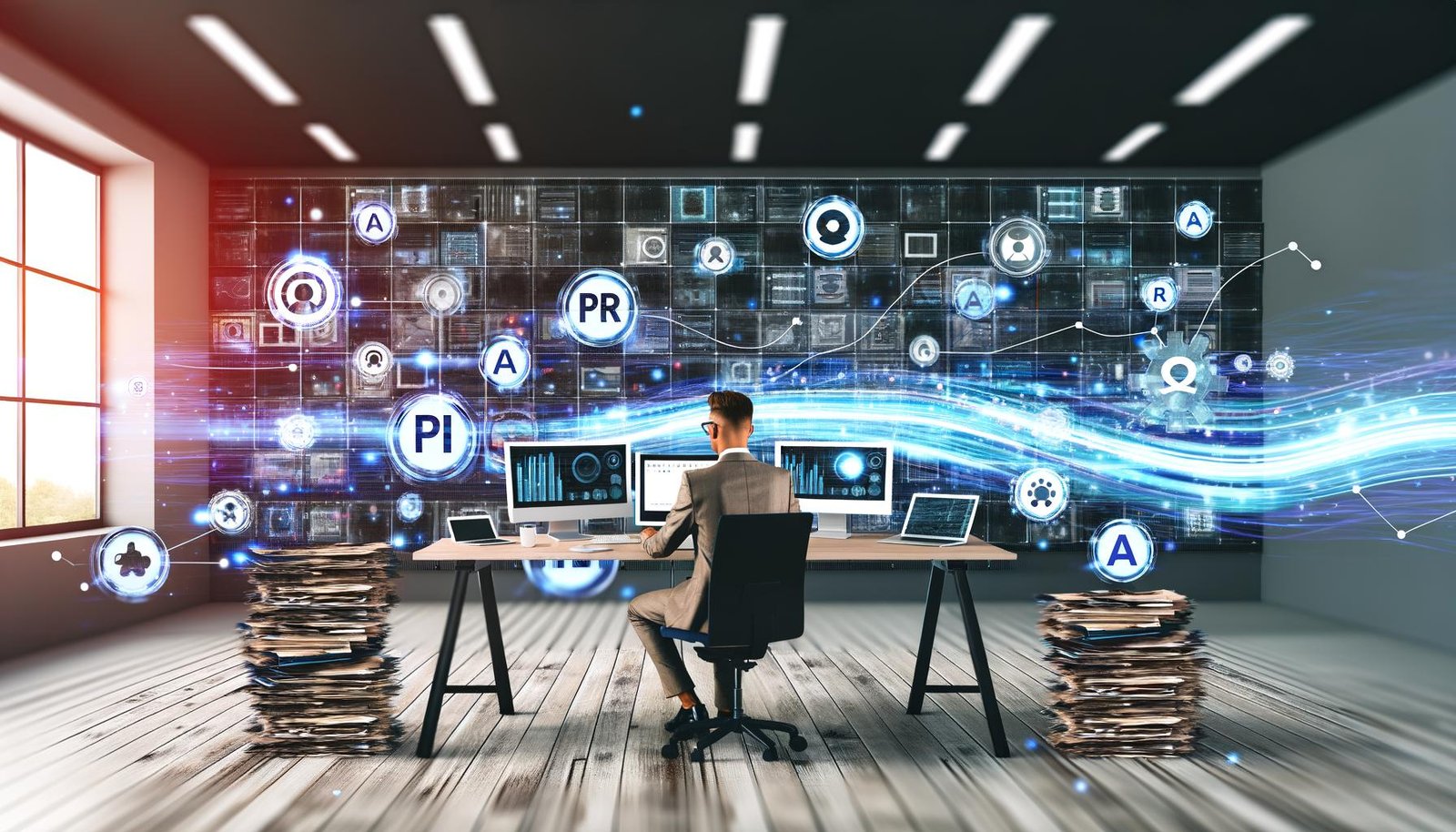 Moderner Arbeitsplatz eines PR-Profis mit mehreren Monitoren, digitalen Dashboards und abstrakten KI-Datenströmen in urbaner Office-Atmosphäre.