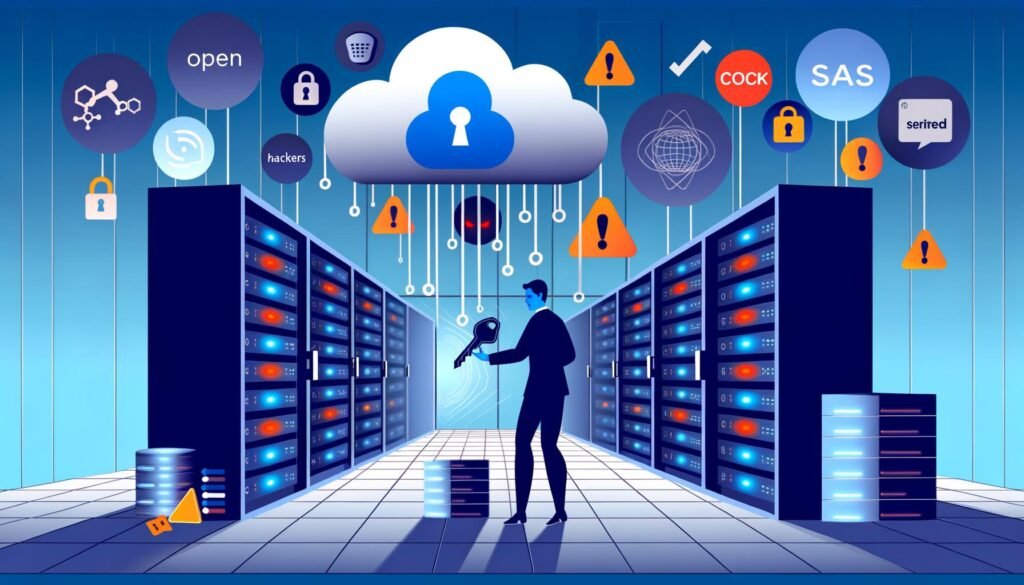 Moderne Illustration eines Mittelständlers in stilisiertem Serverraum, der mit digitalen Schlüsseln eine Firewall zwischen eigenen Daten und Cloud-Logos von US-Tech-Firmen errichtet. Verschlüsselte Datenströme, blockierte Bedrohungen und kühle Blautöne prägen das Bild.