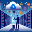 Moderne Illustration eines Mittelständlers in stilisiertem Serverraum, der mit digitalen Schlüsseln eine Firewall zwischen eigenen Daten und Cloud-Logos von US-Tech-Firmen errichtet. Verschlüsselte Datenströme, blockierte Bedrohungen und kühle Blautöne prägen das Bild.
