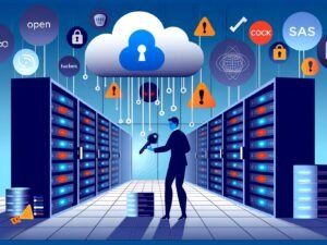 Moderne Illustration eines Mittelständlers in stilisiertem Serverraum, der mit digitalen Schlüsseln eine Firewall zwischen eigenen Daten und Cloud-Logos von US-Tech-Firmen errichtet. Verschlüsselte Datenströme, blockierte Bedrohungen und kühle Blautöne prägen das Bild.