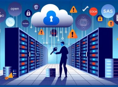 Moderne Illustration eines Mittelständlers in stilisiertem Serverraum, der mit digitalen Schlüsseln eine Firewall zwischen eigenen Daten und Cloud-Logos von US-Tech-Firmen errichtet. Verschlüsselte Datenströme, blockierte Bedrohungen und kühle Blautöne prägen das Bild.