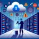Moderne Illustration eines Mittelständlers in stilisiertem Serverraum, der mit digitalen Schlüsseln eine Firewall zwischen eigenen Daten und Cloud-Logos von US-Tech-Firmen errichtet. Verschlüsselte Datenströme, blockierte Bedrohungen und kühle Blautöne prägen das Bild.