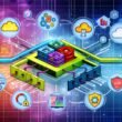 Moderne Grafik eines Datennutzung-Frameworks mit Cloud-, On-Prem-Servern, Datenpipelines, Governance-, Sicherheits- und KI-Elementen, umgeben von leuchtenden Datenströmen.