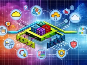 Moderne Grafik eines Datennutzung-Frameworks mit Cloud-, On-Prem-Servern, Datenpipelines, Governance-, Sicherheits- und KI-Elementen, umgeben von leuchtenden Datenströmen.