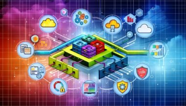 Moderne Grafik eines Datennutzung-Frameworks mit Cloud-, On-Prem-Servern, Datenpipelines, Governance-, Sicherheits- und KI-Elementen, umgeben von leuchtenden Datenströmen.