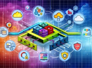 Moderne Grafik eines Datennutzung-Frameworks mit Cloud-, On-Prem-Servern, Datenpipelines, Governance-, Sicherheits- und KI-Elementen, umgeben von leuchtenden Datenströmen.