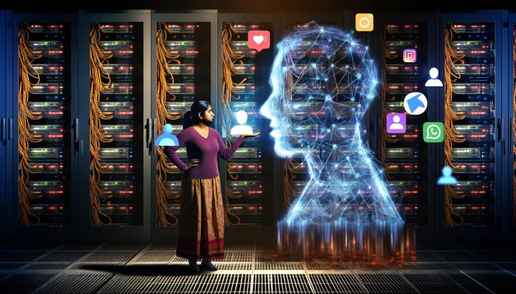 Menschliche Figur schützt ein transparentes Datensymbol in einem finsteren Technikraum voller Server und Kabel, während die Schatten großer Tech-Konzerne im Hintergrund auftauchen und Social-Media-Icons sowie Cookie-Banner durch die Luft schweben.