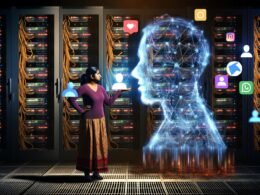 Menschliche Figur schützt ein transparentes Datensymbol in einem finsteren Technikraum voller Server und Kabel, während die Schatten großer Tech-Konzerne im Hintergrund auftauchen und Social-Media-Icons sowie Cookie-Banner durch die Luft schweben.
