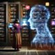 Menschliche Figur schützt ein transparentes Datensymbol in einem finsteren Technikraum voller Server und Kabel, während die Schatten großer Tech-Konzerne im Hintergrund auftauchen und Social-Media-Icons sowie Cookie-Banner durch die Luft schweben.