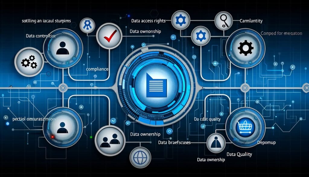 Illustration eines modernen digitalen Kontrollpanels mit Symbolen für Datenzugriffsrechte, Compliance, Datenqualität, Data Ownership und automatisierten Prozessen. Dashboard mit Monitoring-Grafiken, umgeben von dynamischen Datenpunkten.