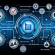 Illustration eines modernen digitalen Kontrollpanels mit Symbolen für Datenzugriffsrechte, Compliance, Datenqualität, Data Ownership und automatisierten Prozessen. Dashboard mit Monitoring-Grafiken, umgeben von dynamischen Datenpunkten.
