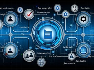 Illustration eines modernen digitalen Kontrollpanels mit Symbolen für Datenzugriffsrechte, Compliance, Datenqualität, Data Ownership und automatisierten Prozessen. Dashboard mit Monitoring-Grafiken, umgeben von dynamischen Datenpunkten.