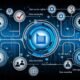 Illustration eines modernen digitalen Kontrollpanels mit Symbolen für Datenzugriffsrechte, Compliance, Datenqualität, Data Ownership und automatisierten Prozessen. Dashboard mit Monitoring-Grafiken, umgeben von dynamischen Datenpunkten.