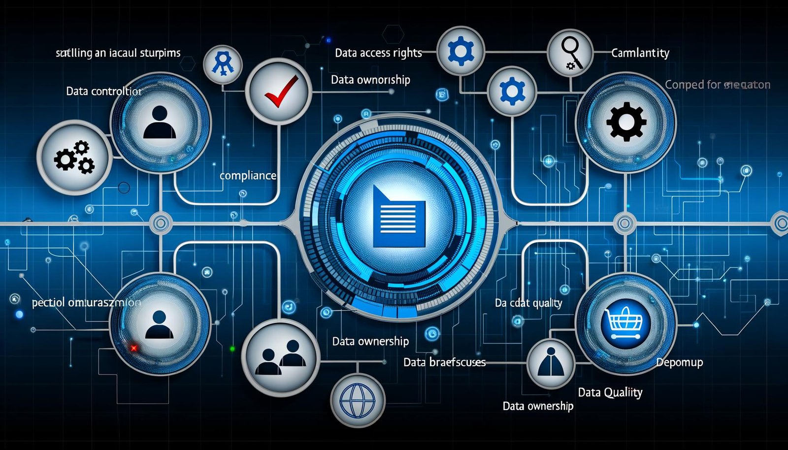 Illustration eines modernen digitalen Kontrollpanels mit Symbolen für Datenzugriffsrechte, Compliance, Datenqualität, Data Ownership und automatisierten Prozessen. Dashboard mit Monitoring-Grafiken, umgeben von dynamischen Datenpunkten.