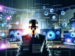 Fokussierter Marketer in modernem Büro mit Monitoren voller Textanalysen, Datenvisualisierungen und Wortwolken, umgeben von digitalen Schlagworten wie AI, SEO, Sentiment, Trends und Risiko, vor einer verschwommenen Skyline.