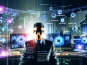 Fokussierter Marketer in modernem Büro mit Monitoren voller Textanalysen, Datenvisualisierungen und Wortwolken, umgeben von digitalen Schlagworten wie AI, SEO, Sentiment, Trends und Risiko, vor einer verschwommenen Skyline.