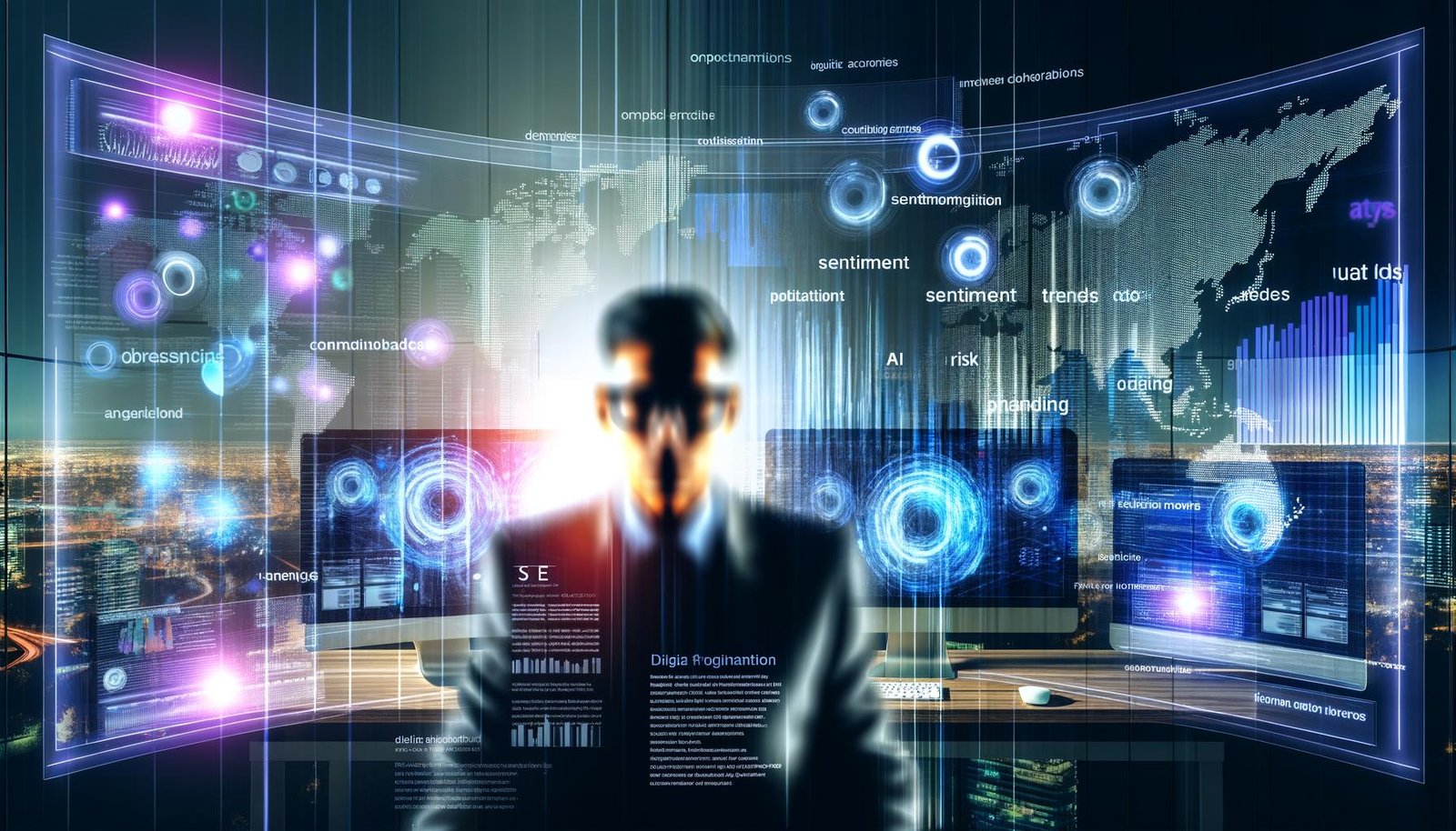 Fokussierter Marketer in modernem Büro mit Monitoren voller Textanalysen, Datenvisualisierungen und Wortwolken, umgeben von digitalen Schlagworten wie AI, SEO, Sentiment, Trends und Risiko, vor einer verschwommenen Skyline.