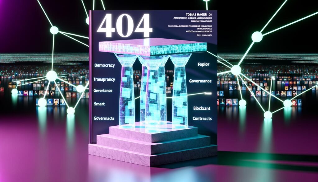 Futuristisches Titelbild mit einer Demokratie-Säule aus transparenten Blockchain-Blöcken, umgeben von Netzwerken, leuchtenden Begriffen und Avataren aus aller Welt. Kritisches, techno-utopisches Ambiente mit dunklen Schatten an den Bildrändern.