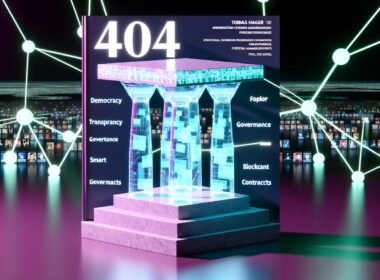 Futuristisches Titelbild mit einer Demokratie-Säule aus transparenten Blockchain-Blöcken, umgeben von Netzwerken, leuchtenden Begriffen und Avataren aus aller Welt. Kritisches, techno-utopisches Ambiente mit dunklen Schatten an den Bildrändern.