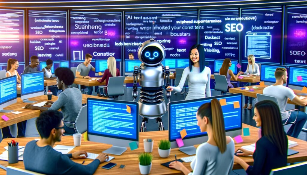Junge Marketer in einem hellen, futuristischen Redaktionsbüro arbeiten mit KI-Schreibtools und SEO-Dashboards, während ein Roboterarm einer Redakteurin Textseiten reicht.