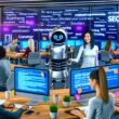 Junge Marketer in einem hellen, futuristischen Redaktionsbüro arbeiten mit KI-Schreibtools und SEO-Dashboards, während ein Roboterarm einer Redakteurin Textseiten reicht.