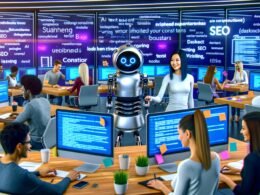Junge Marketer in einem hellen, futuristischen Redaktionsbüro arbeiten mit KI-Schreibtools und SEO-Dashboards, während ein Roboterarm einer Redakteurin Textseiten reicht.
