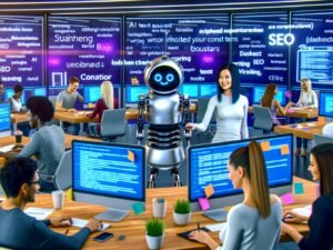 Junge Marketer in einem hellen, futuristischen Redaktionsbüro arbeiten mit KI-Schreibtools und SEO-Dashboards, während ein Roboterarm einer Redakteurin Textseiten reicht.