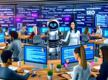 Junge Marketer in einem hellen, futuristischen Redaktionsbüro arbeiten mit KI-Schreibtools und SEO-Dashboards, während ein Roboterarm einer Redakteurin Textseiten reicht.