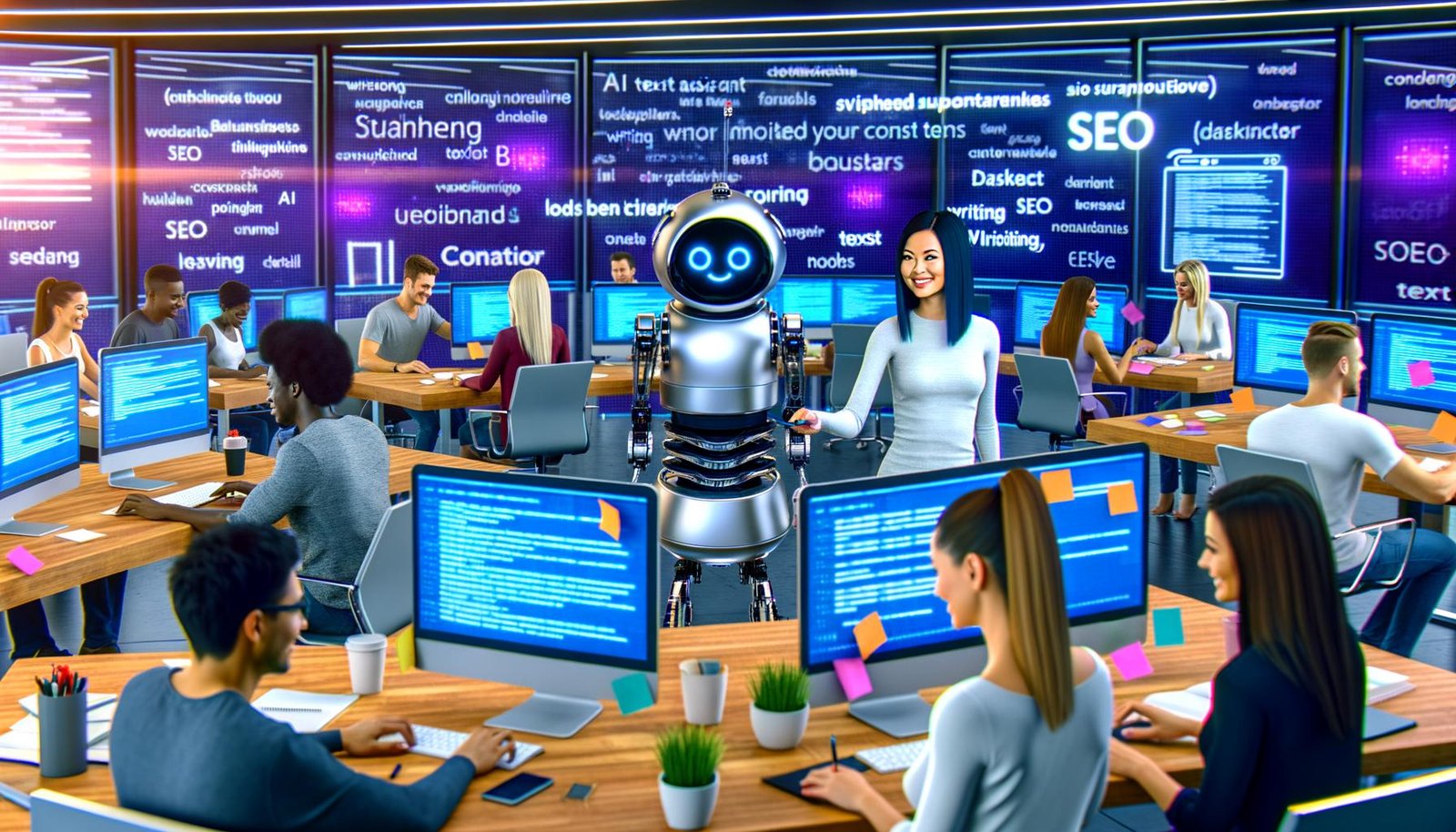 Junge Marketer in einem hellen, futuristischen Redaktionsbüro arbeiten mit KI-Schreibtools und SEO-Dashboards, während ein Roboterarm einer Redakteurin Textseiten reicht.
