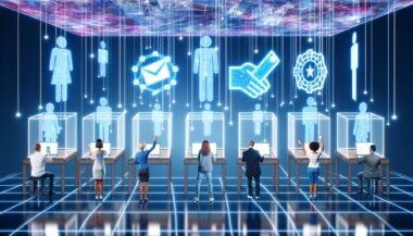 Futuristischer digitaler Wahlraum mit Menschen an holografischen Interfaces, Blockchain-Symbolen und Smart Contracts als visuelle Ebenen im Hintergrund.