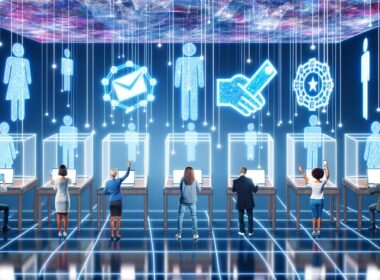 Futuristischer digitaler Wahlraum mit Menschen an holografischen Interfaces, Blockchain-Symbolen und Smart Contracts als visuelle Ebenen im Hintergrund.