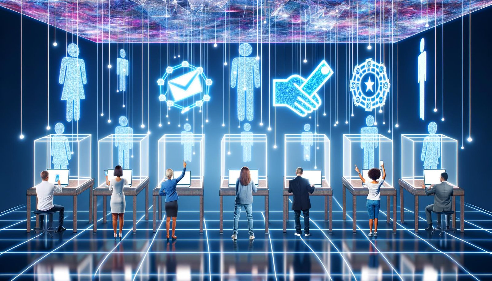 Futuristischer digitaler Wahlraum mit Menschen an holografischen Interfaces, Blockchain-Symbolen und Smart Contracts als visuelle Ebenen im Hintergrund.