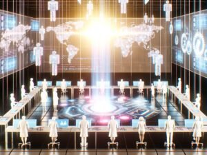 Futuristischer Raum mit Menschen an Holo-Screens, die digitale Abstimmungen durchführen, umgeben von Blockchain-Visualisierungen und einem leuchtenden Wahldashboard.