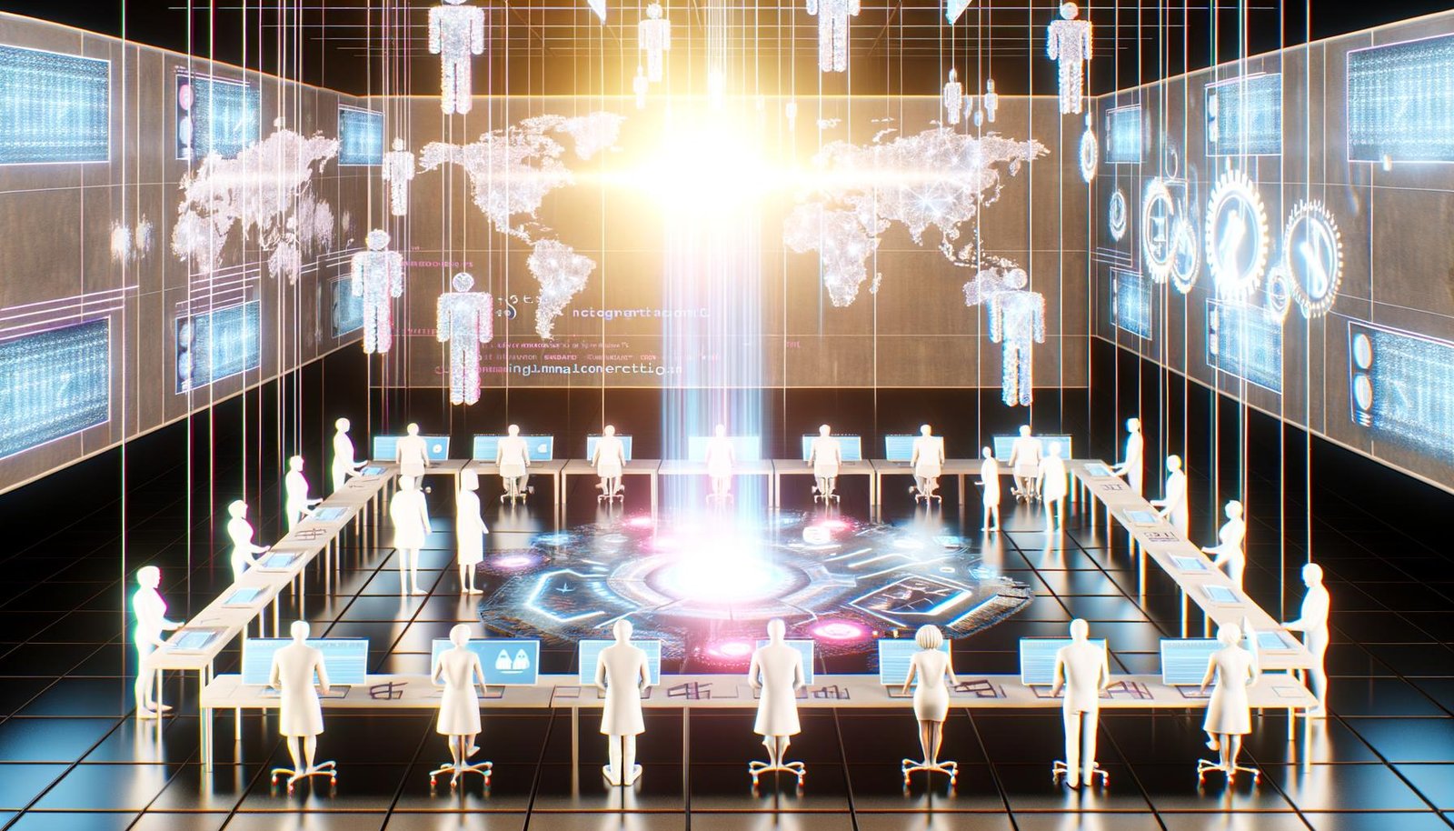 Futuristischer Raum mit Menschen an Holo-Screens, die digitale Abstimmungen durchführen, umgeben von Blockchain-Visualisierungen und einem leuchtenden Wahldashboard.