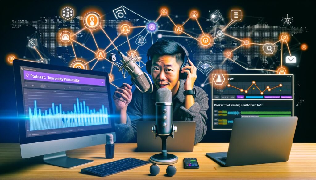 Podcaster am modernen Arbeitsplatz mit Mikrofon, Kopfhörern und mehreren Monitoren, die Workflow-Diagramme, Podcast-Tools und Analytics zeigen.