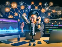 Podcaster am modernen Arbeitsplatz mit Mikrofon, Kopfhörern und mehreren Monitoren, die Workflow-Diagramme, Podcast-Tools und Analytics zeigen.